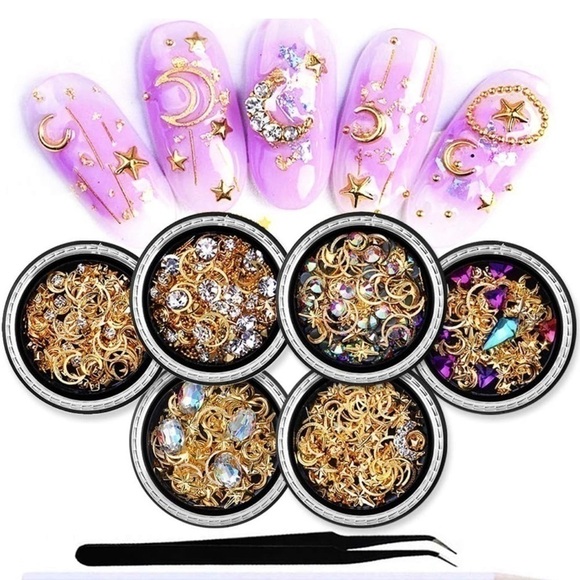 6 Boxes 3d Nail Rhinestones And Studs Gold Nail Rivets Set Nail Crystals - Picture 2 of 6